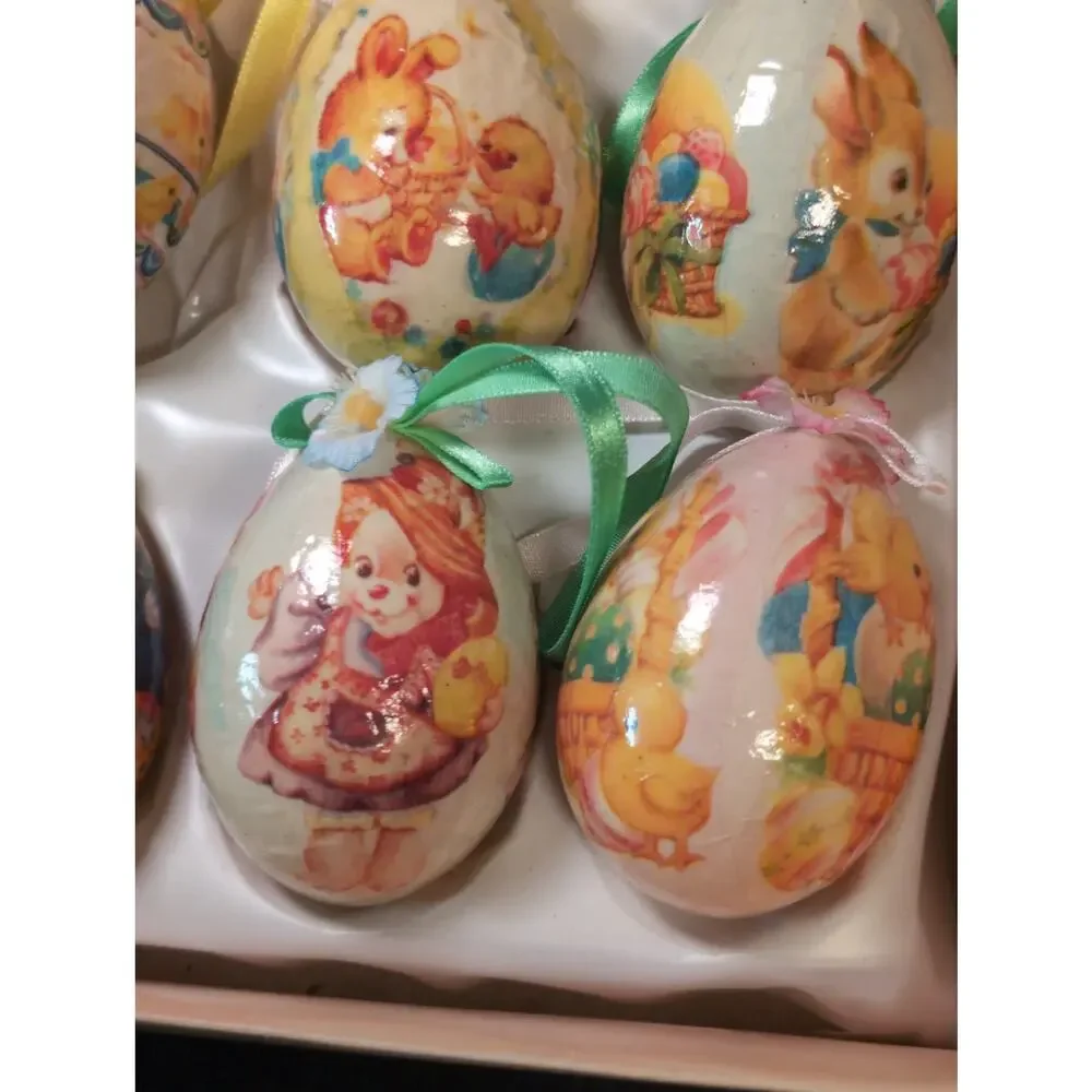6 Vintage Easter Egg Paper Mache Decoupage Ornaments Bunny Chick Kitschy 3”